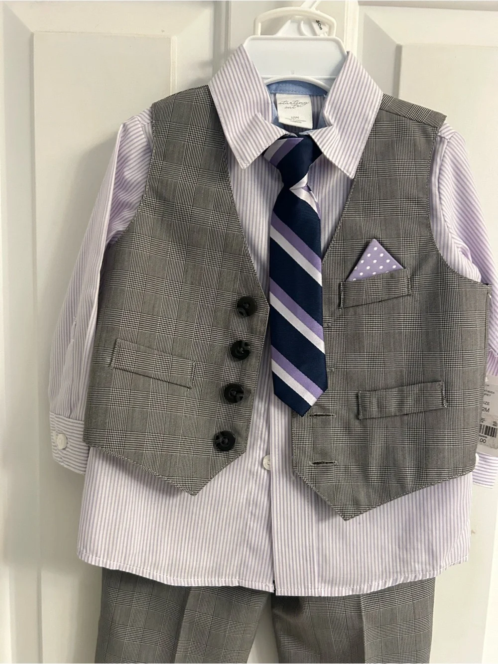 NWT-Starting Out Gray Plaid Vest & Pants Set with Lavender Shirt and Purple Tie
